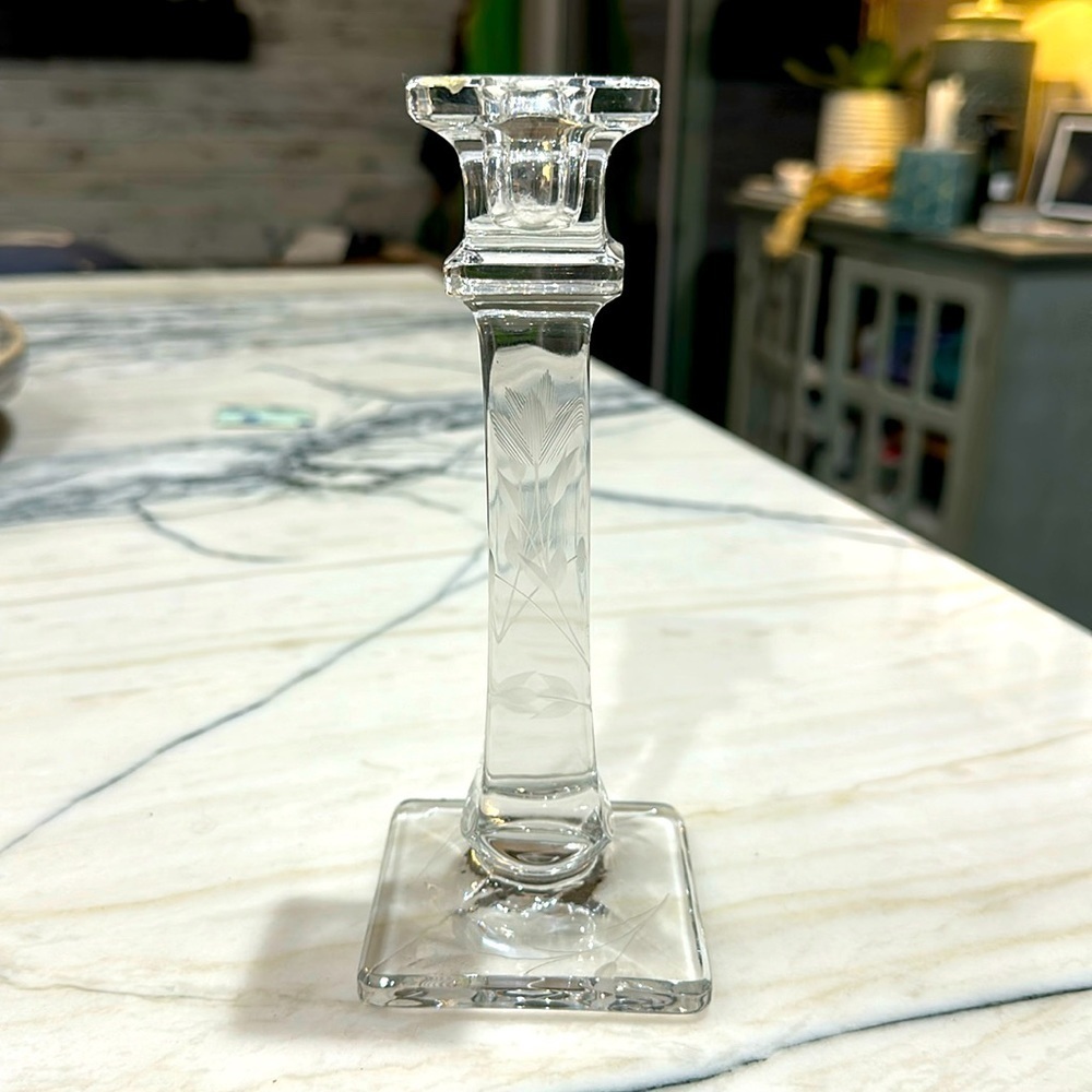 Crystal tapered candlestick holder 7.5 in. tall w/3 in. base flower etchings